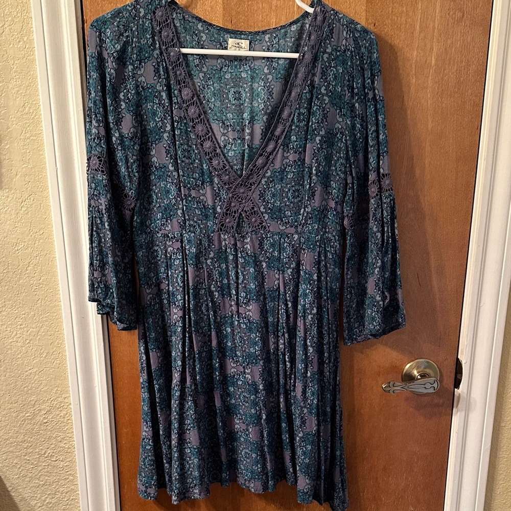 O’Neill Boho Floral V-Neck Dress in Teal and Gray S